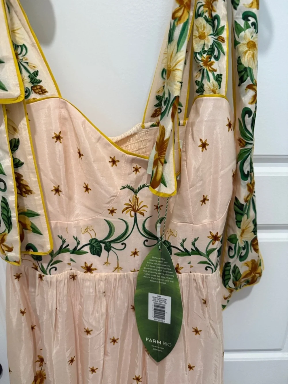 FARM Rio Pale Cream Midi Dress with Green & Yellow Floral Ties - Picture 5 of 5